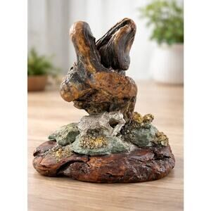Unique Handmade Burl Wood Pyrite Stone Sculpture Bear Fishing 5”